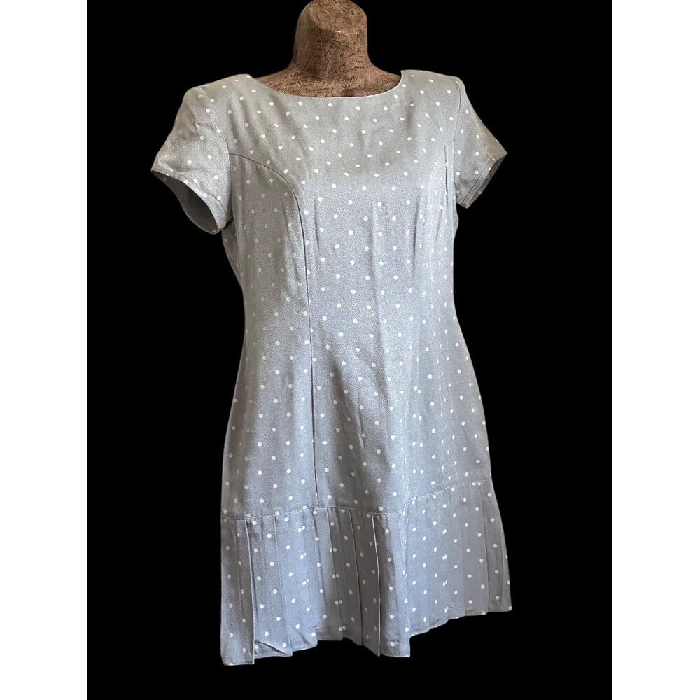 Vintage Y2K 80s90s Gray Polka Dot Cap Sleeve Dress With Pleated Hemline